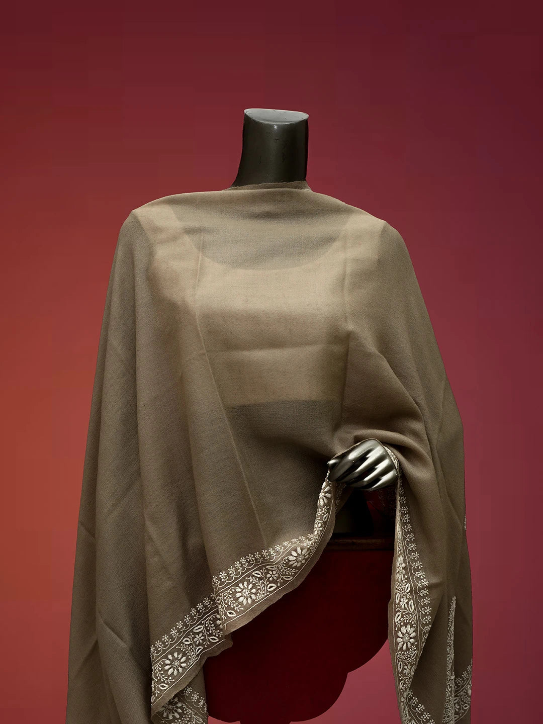 Ada Hand Embroidered Grey Pashmina Lucknowi Chikankari Do Taar Stole A599938