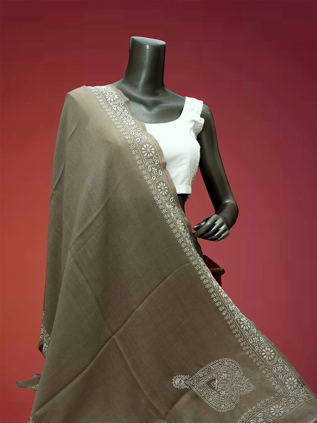 Ada Hand Embroidered Grey Pashmina Lucknowi Chikankari Do Taar Stole A599938