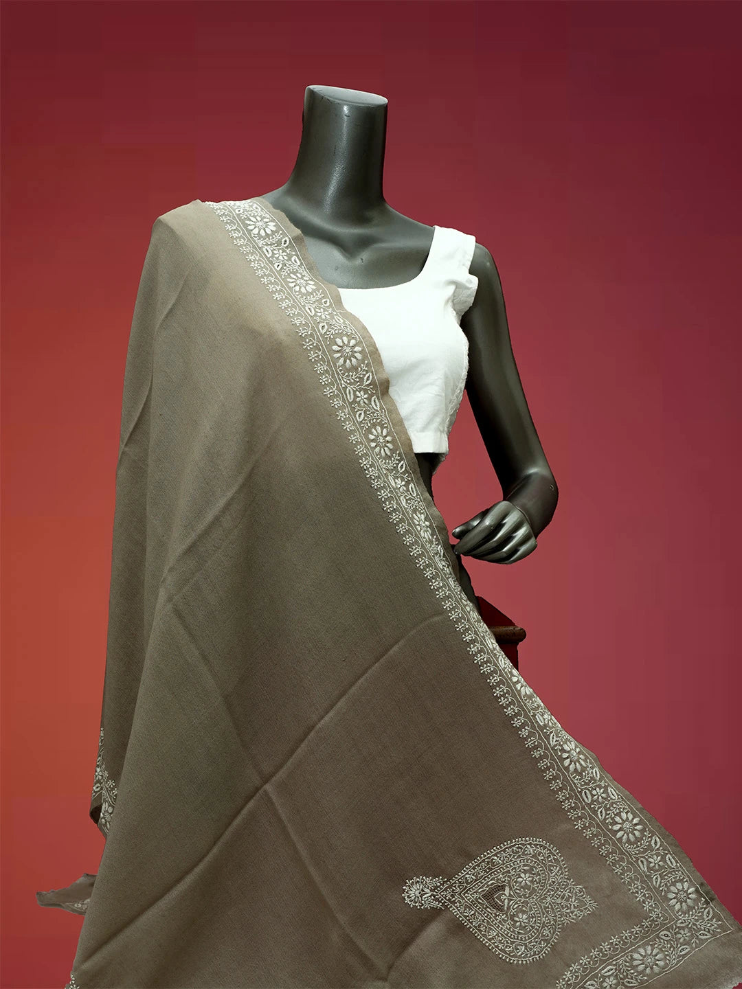 Ada Hand Embroidered Grey Pashmina Lucknowi Chikankari Do Taar Stole A599938