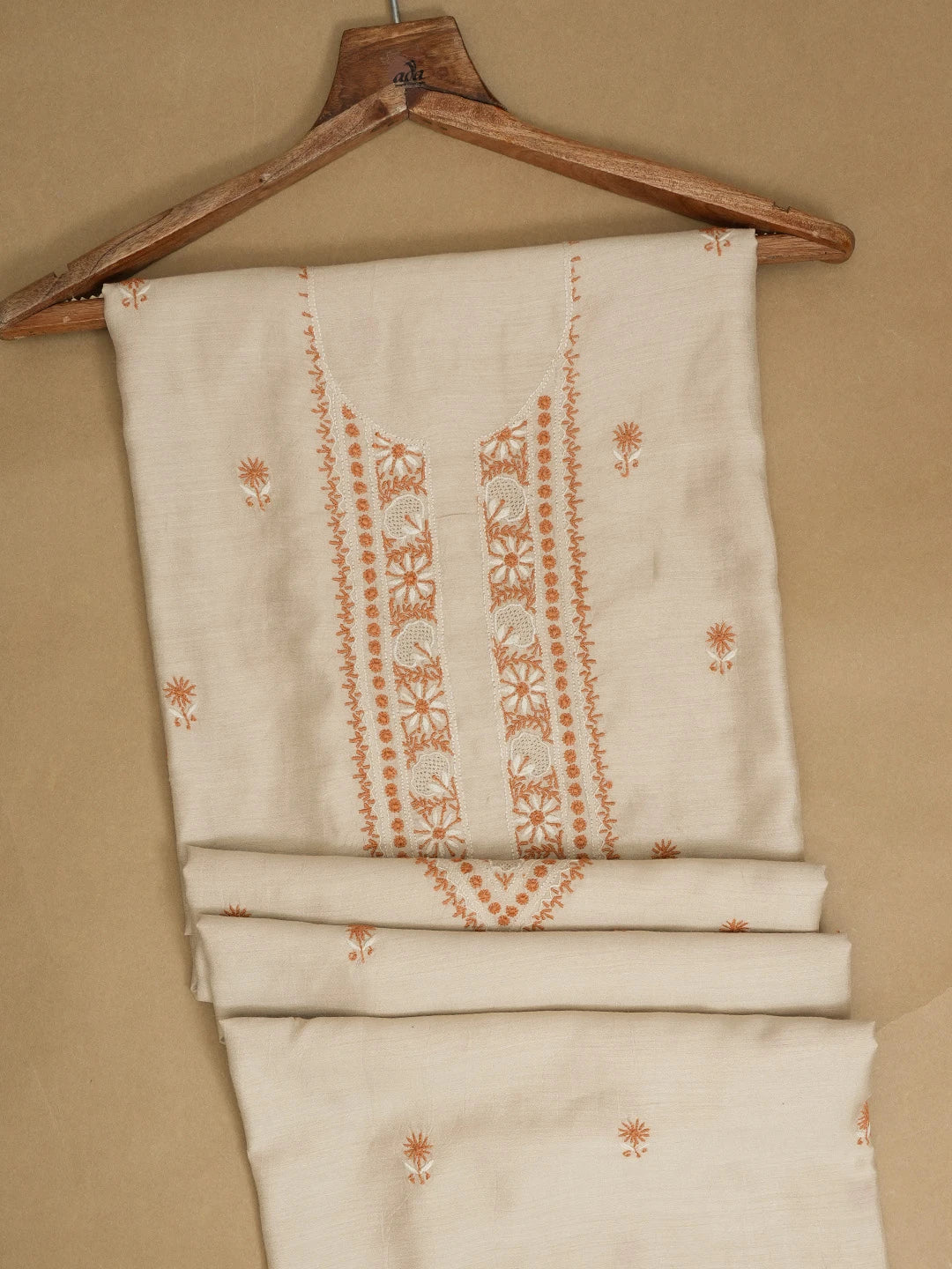 Ada Hand Embroidered Fawn Moonga Silk Lucknowi Chikankari Unstitched Men's Kurta Piece 01A539189