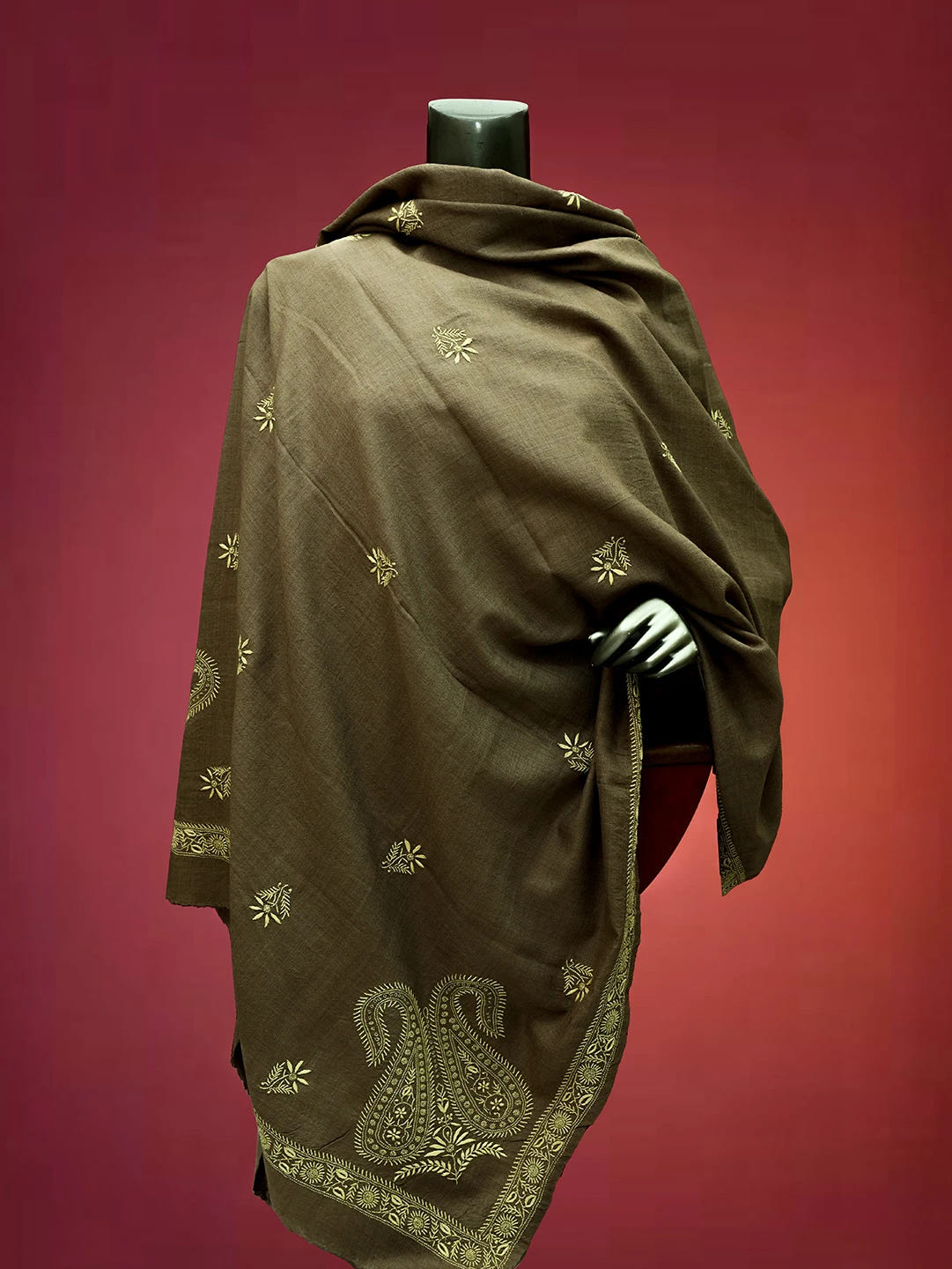 Ada Hand Embroidered Fawn Pashmina Lucknowi Chikankari Do Taar Shawl 01A536072