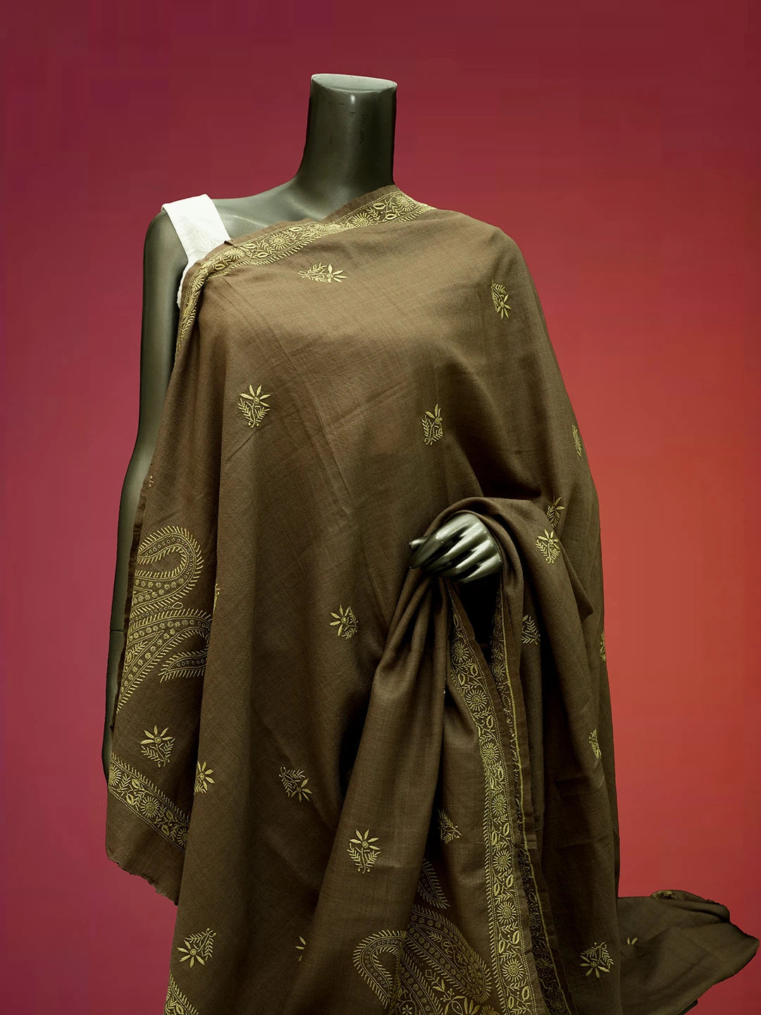 Ada Hand Embroidered Fawn Pashmina Lucknowi Chikankari Do Taar Shawl 01A536072
