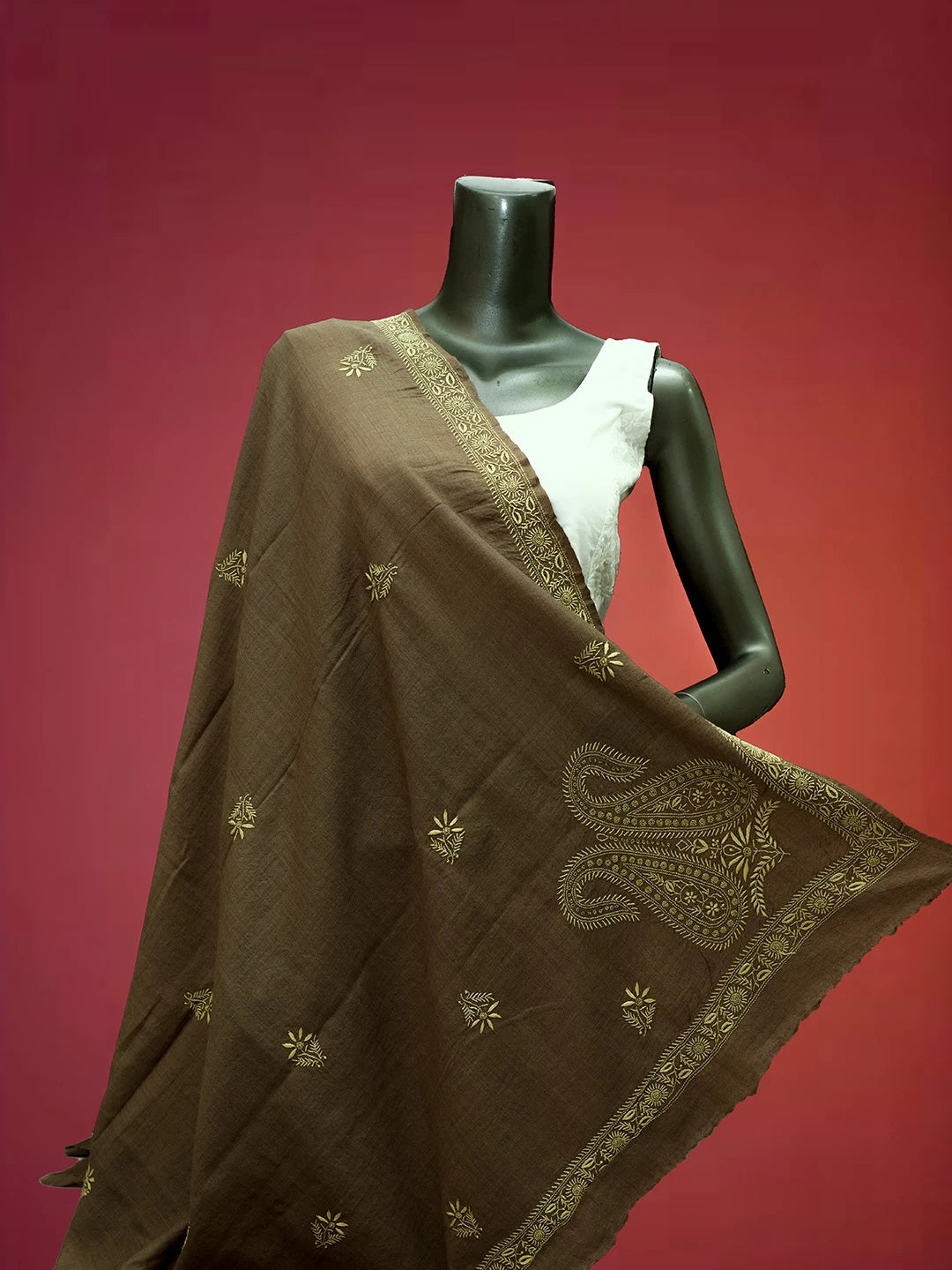 Ada Hand Embroidered Fawn Pashmina Lucknowi Chikankari Do Taar Shawl 01A536072