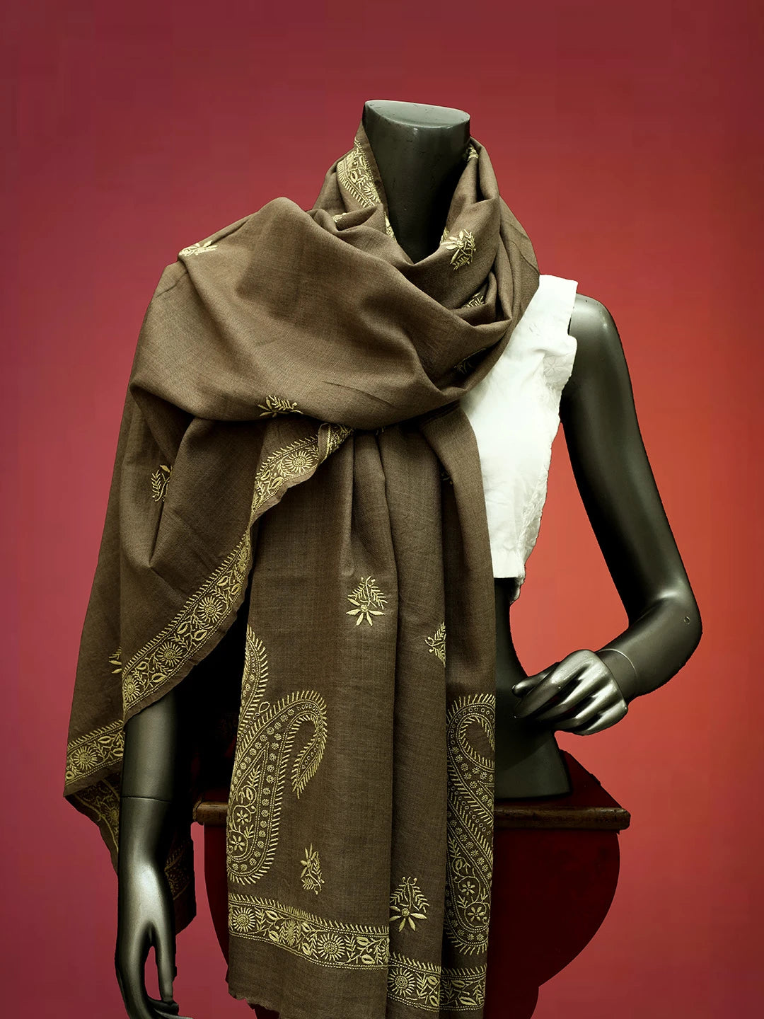 Ada Hand Embroidered Fawn Pashmina Lucknowi Chikankari Do Taar Shawl 01A536072