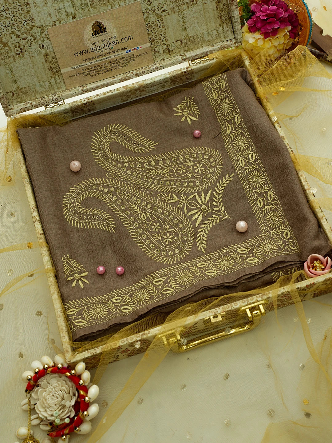 Ada Hand Embroidered Fawn Pashmina Lucknowi Chikankari Do Taar Shawl 01A536072