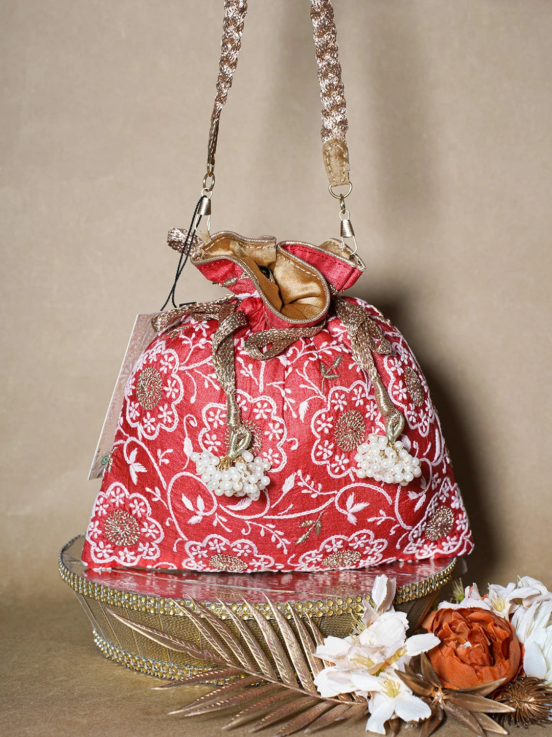 Ada Hand Embroidered Red Silk Lucknowi Chikankari Potli Bag With Zari Work 01A696507