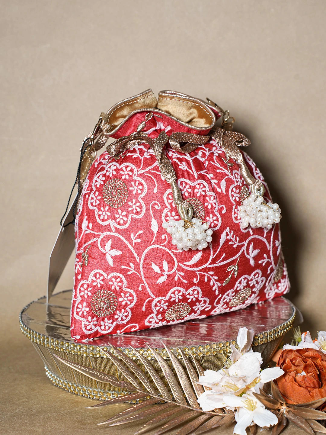 Ada Hand Embroidered Red Silk Lucknowi Chikankari Potli Bag With Zari Work 01A696507