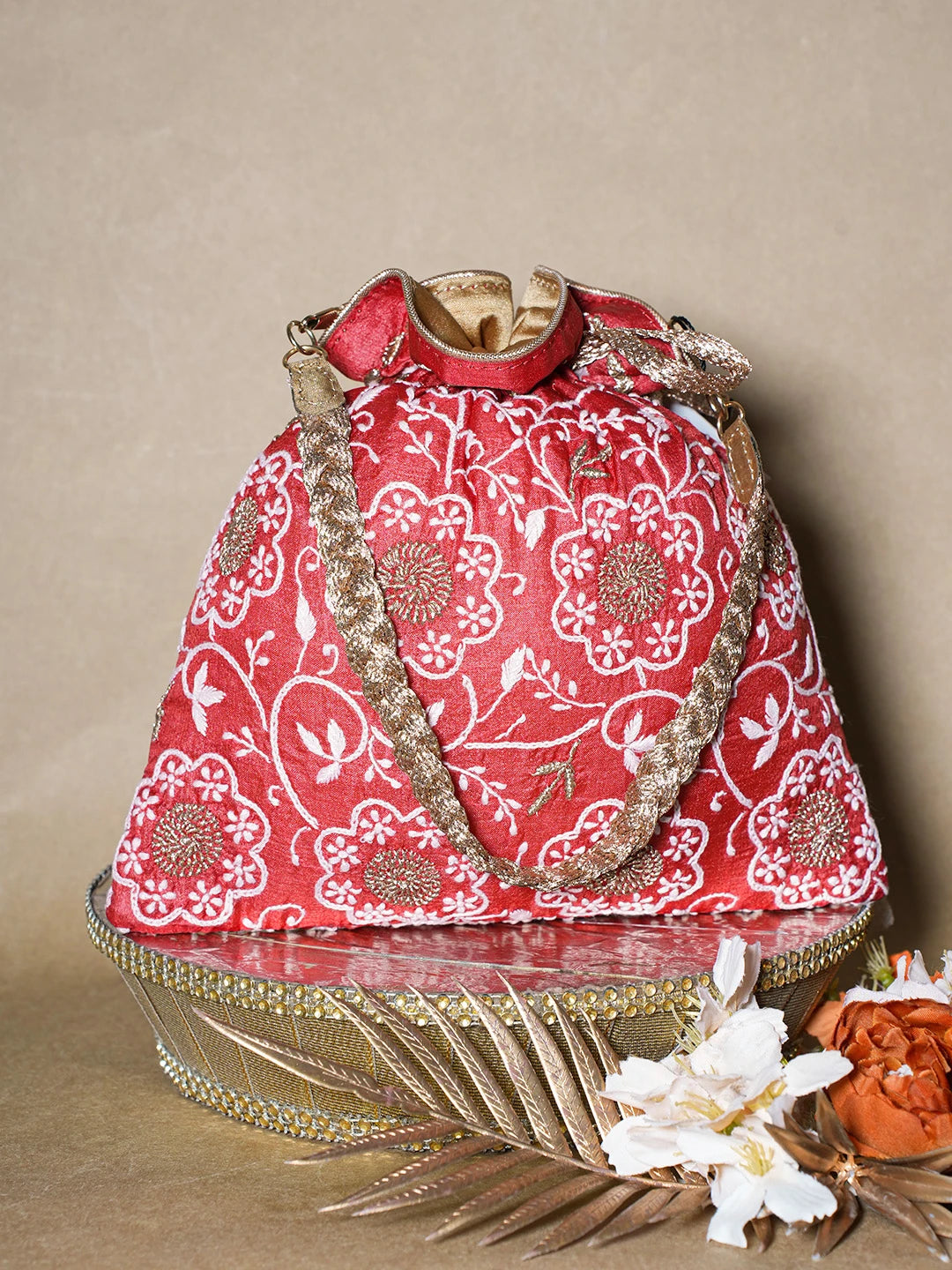 Ada Hand Embroidered Red Silk Lucknowi Chikankari Potli Bag With Zari Work 01A696507