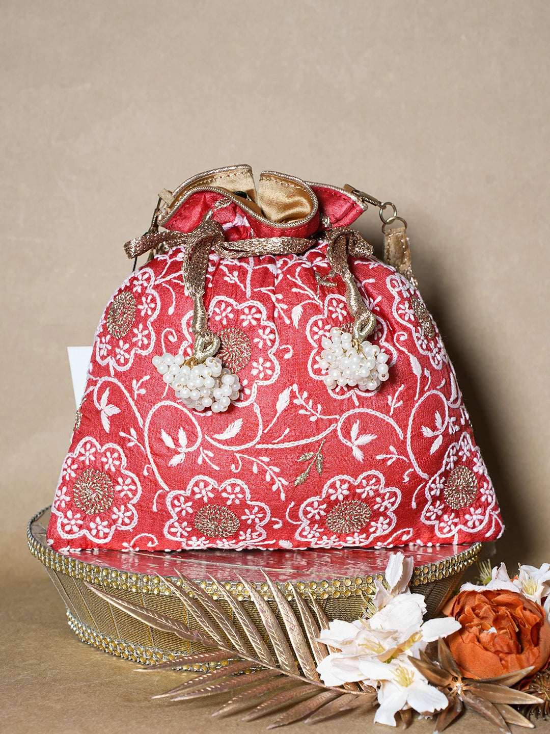 Ada Hand Embroidered Red Silk Lucknowi Chikankari Potli Bag With Zari Work 01A696507