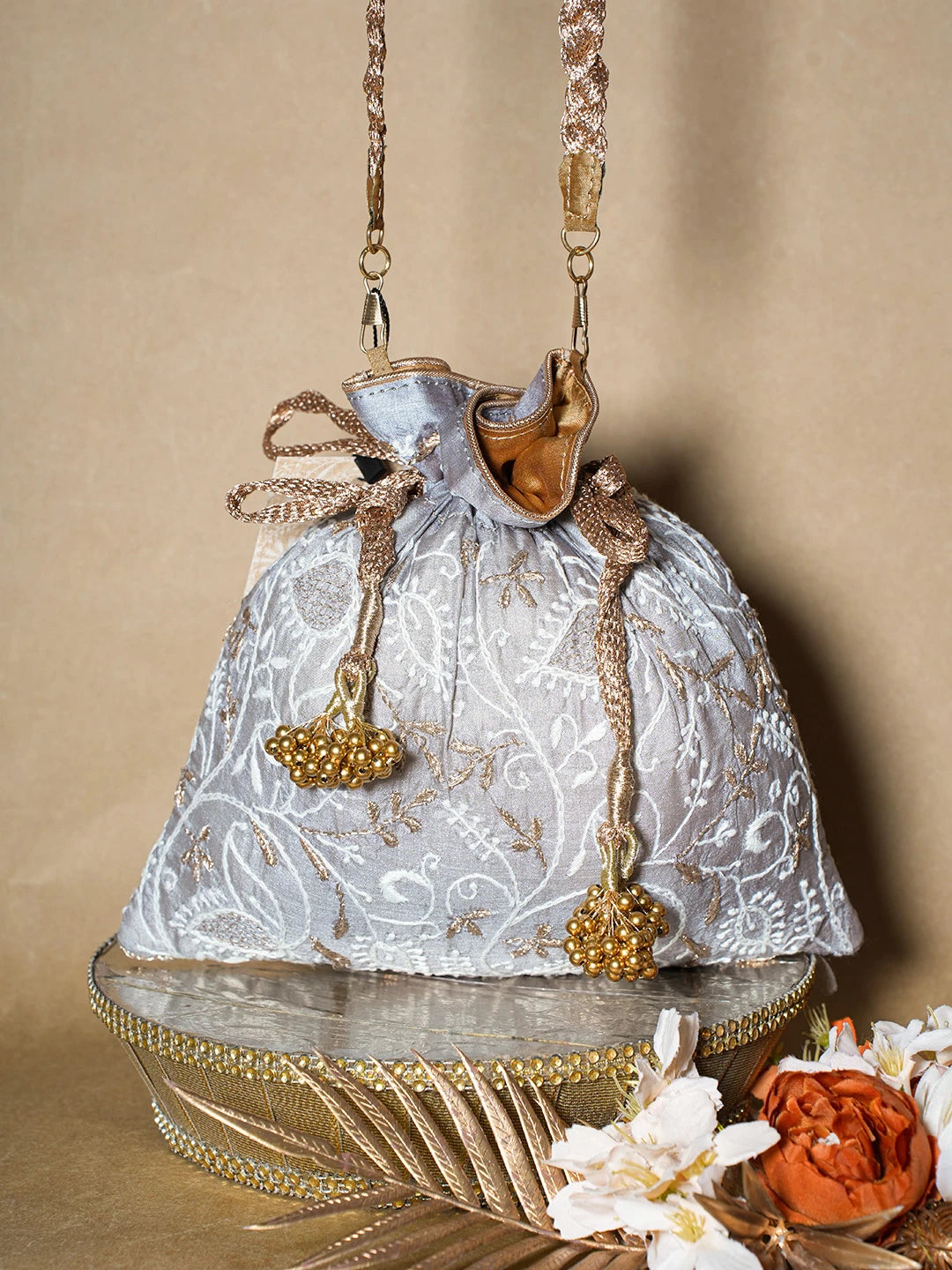 Ada Hand Embroidered Grey Silk Lucknowi Chikankari Potli Bag With Zari Work 01A692713