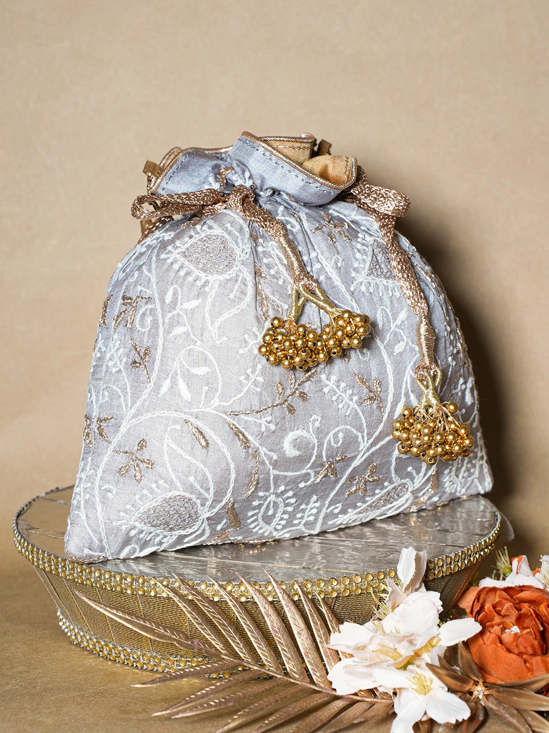 Ada Hand Embroidered Grey Silk Lucknowi Chikankari Potli Bag With Zari Work 01A692713