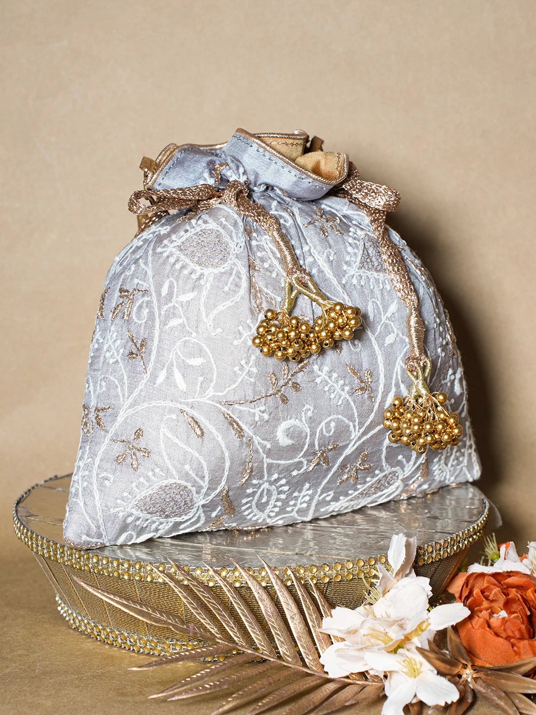 Ada Hand Embroidered Grey Silk Lucknowi Chikankari Potli Bag With Zari Work 01A692713