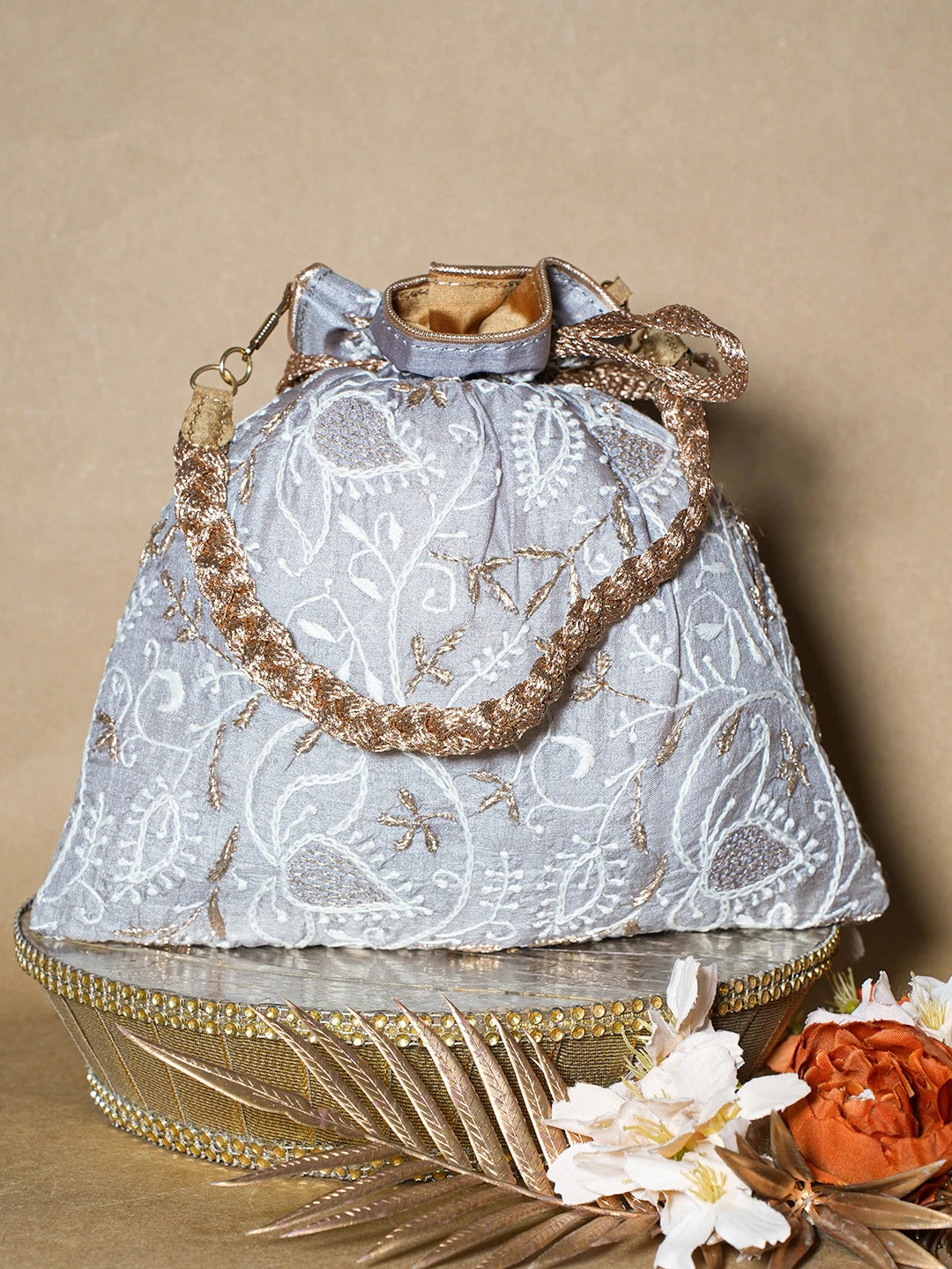 Ada Hand Embroidered Grey Silk Lucknowi Chikankari Potli Bag With Zari Work 01A692713