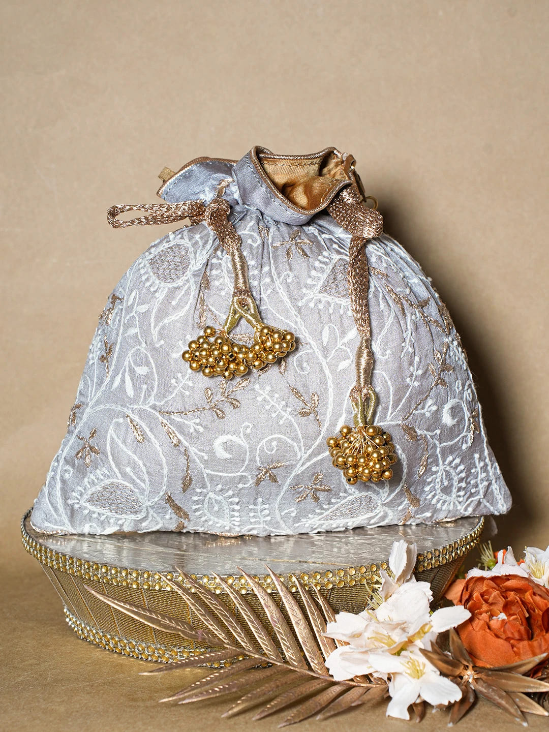 Ada Hand Embroidered Grey Silk Lucknowi Chikankari Potli Bag With Zari Work 01A692713