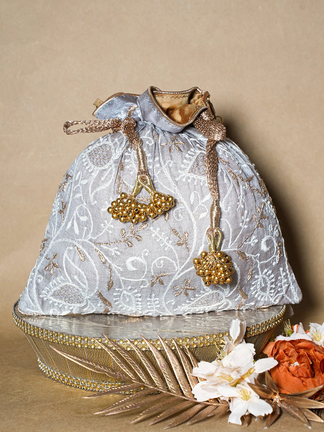 Ada Hand Embroidered Grey Silk Lucknowi Chikankari Potli Bag With Zari Work 01A692713