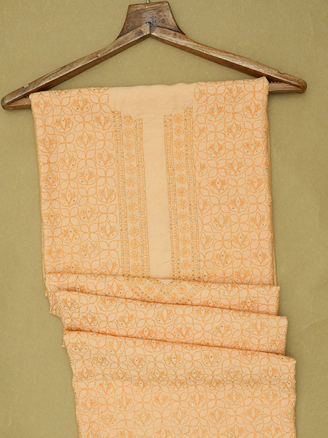 Ada Hand Embroidered Peach Chanderi Lucknowi Chikankari Unstitched Men's Kurta Piece With Muqaish Work 01A516814