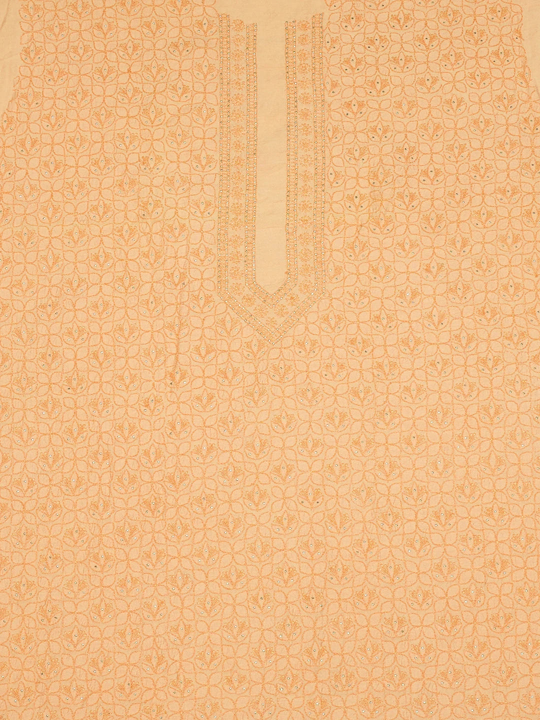 Ada Hand Embroidered Peach Chanderi Lucknowi Chikankari Unstitched Men's Kurta Piece With Muqaish Work 01A516814