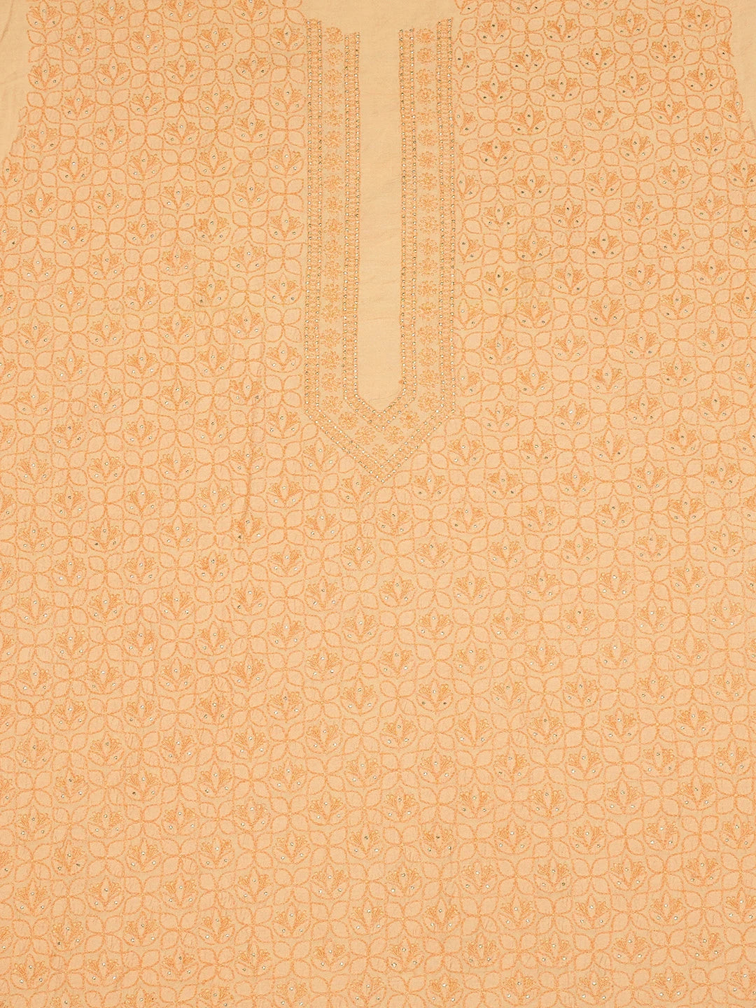 Ada Hand Embroidered Peach Chanderi Lucknowi Chikankari Unstitched Men's Kurta Piece With Muqaish Work 01A516814