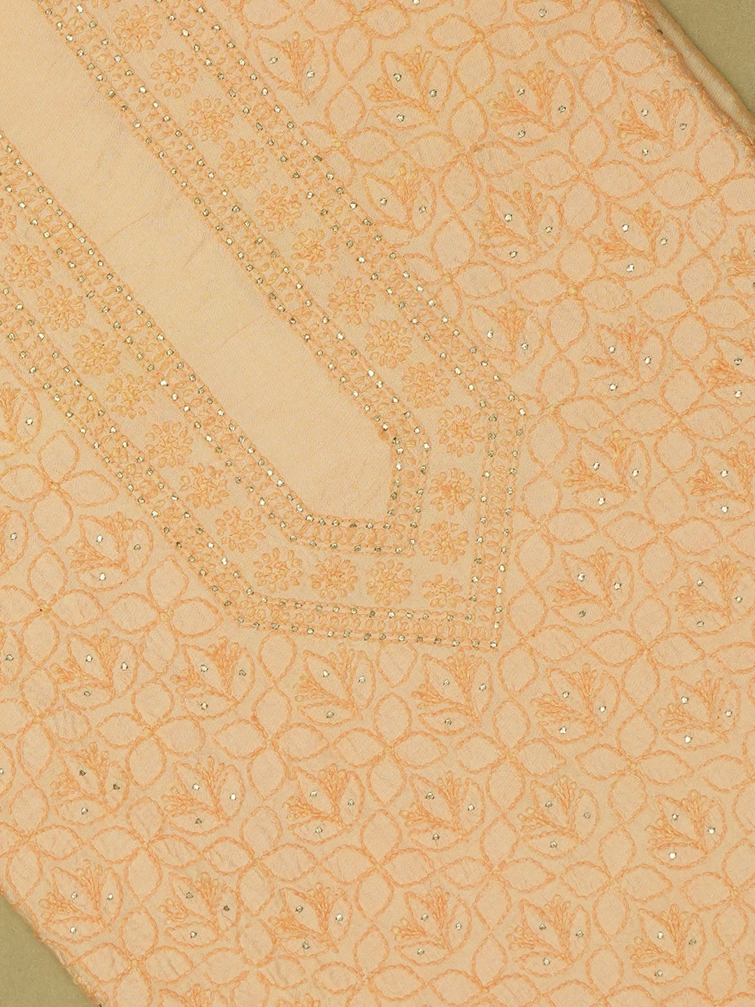 Ada Hand Embroidered Peach Chanderi Lucknowi Chikankari Unstitched Men's Kurta Piece With Muqaish Work 01A516814