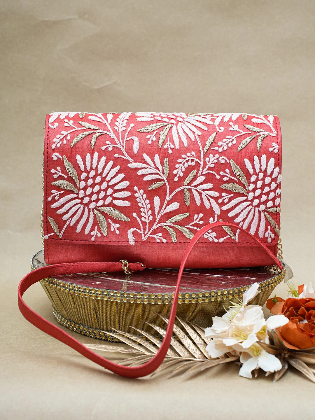 Ada Hand Embroidered Red Silk Lucknowi Chikankari Clutch With Zari Work 01A696452