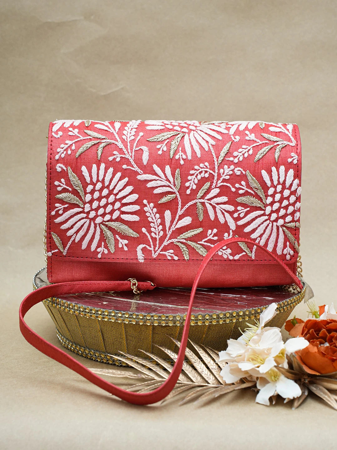 Ada Hand Embroidered Red Silk Lucknowi Chikankari Clutch With Zari Work 01A696452