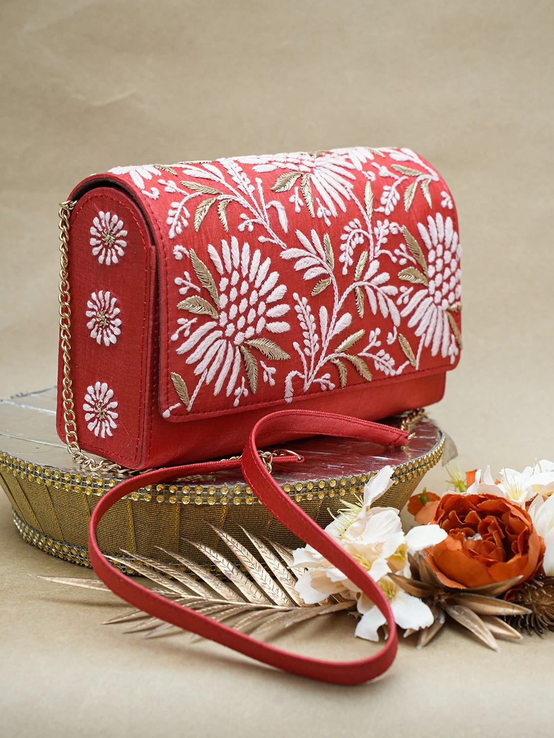 Ada Hand Embroidered Red Silk Lucknowi Chikankari Clutch With Zari Work 01A696452
