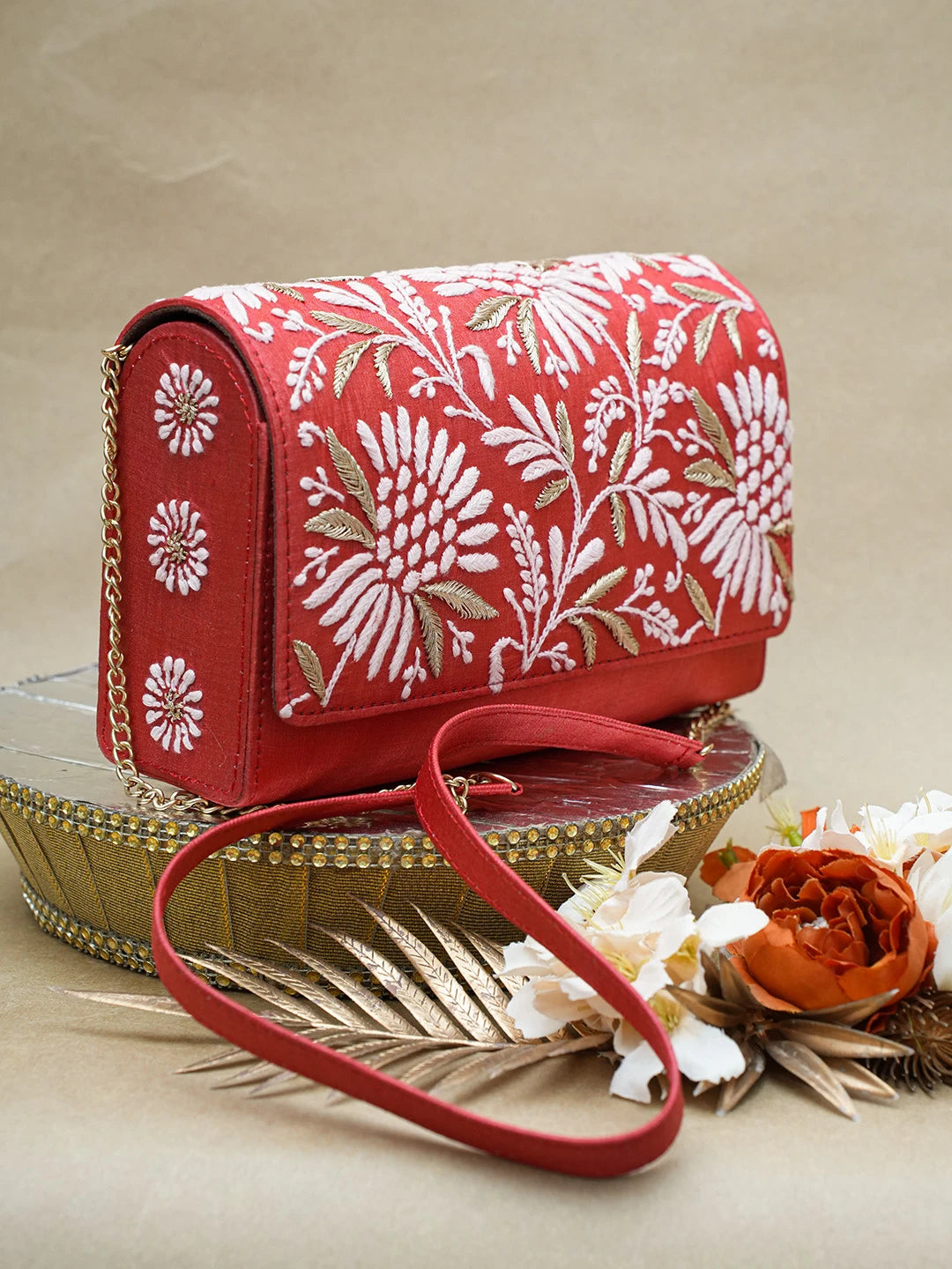Ada Hand Embroidered Red Silk Lucknowi Chikankari Clutch With Zari Work 01A696452