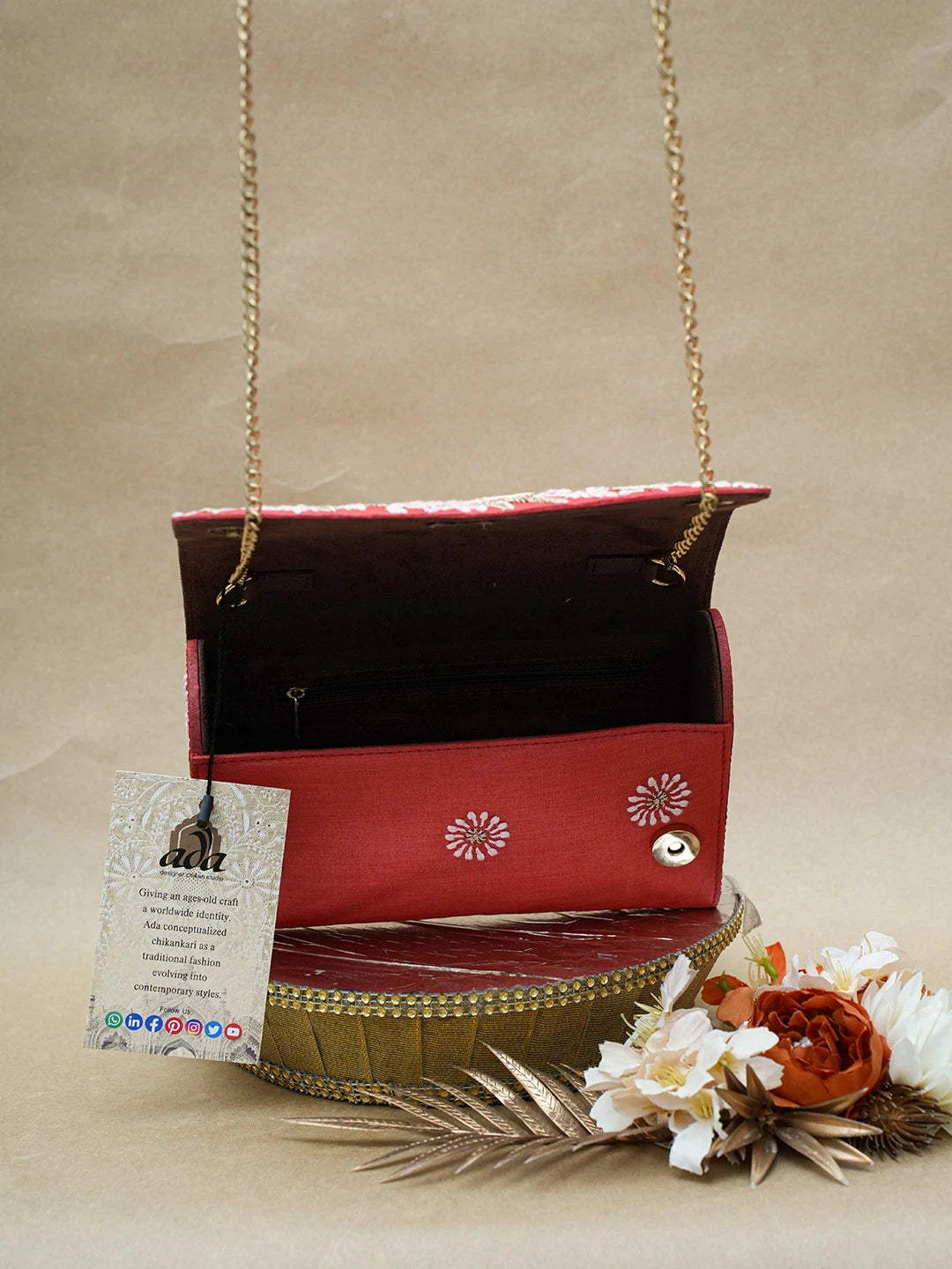 Ada Hand Embroidered Red Silk Lucknowi Chikankari Clutch With Zari Work 01A696452