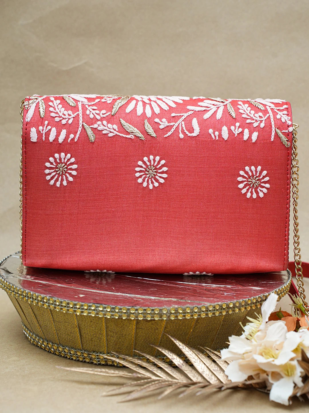 Ada Hand Embroidered Red Silk Lucknowi Chikankari Clutch With Zari Work 01A696452
