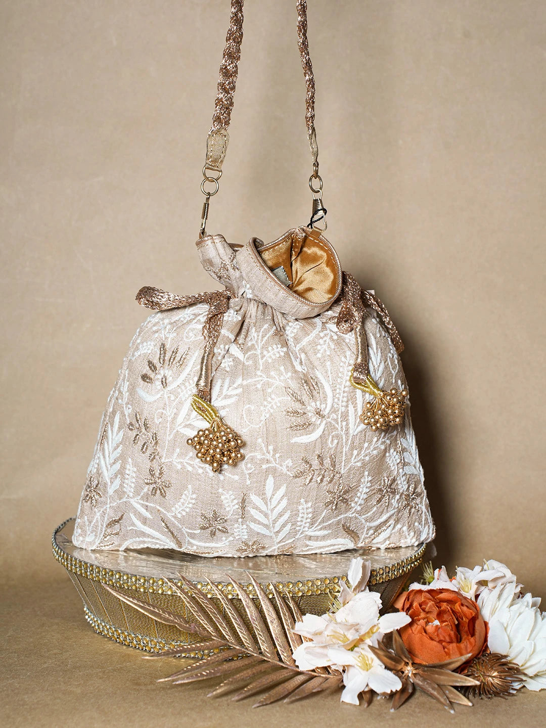Ada Hand Embroidered Fawn Silk Lucknowi Chikankari Potli Bag With Zari Work 01A696499