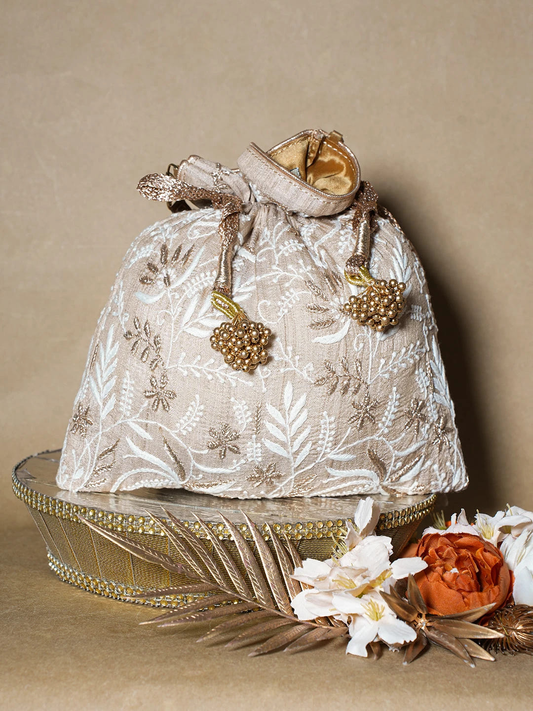 Ada Hand Embroidered Fawn Silk Lucknowi Chikankari Potli Bag With Zari Work 01A696499