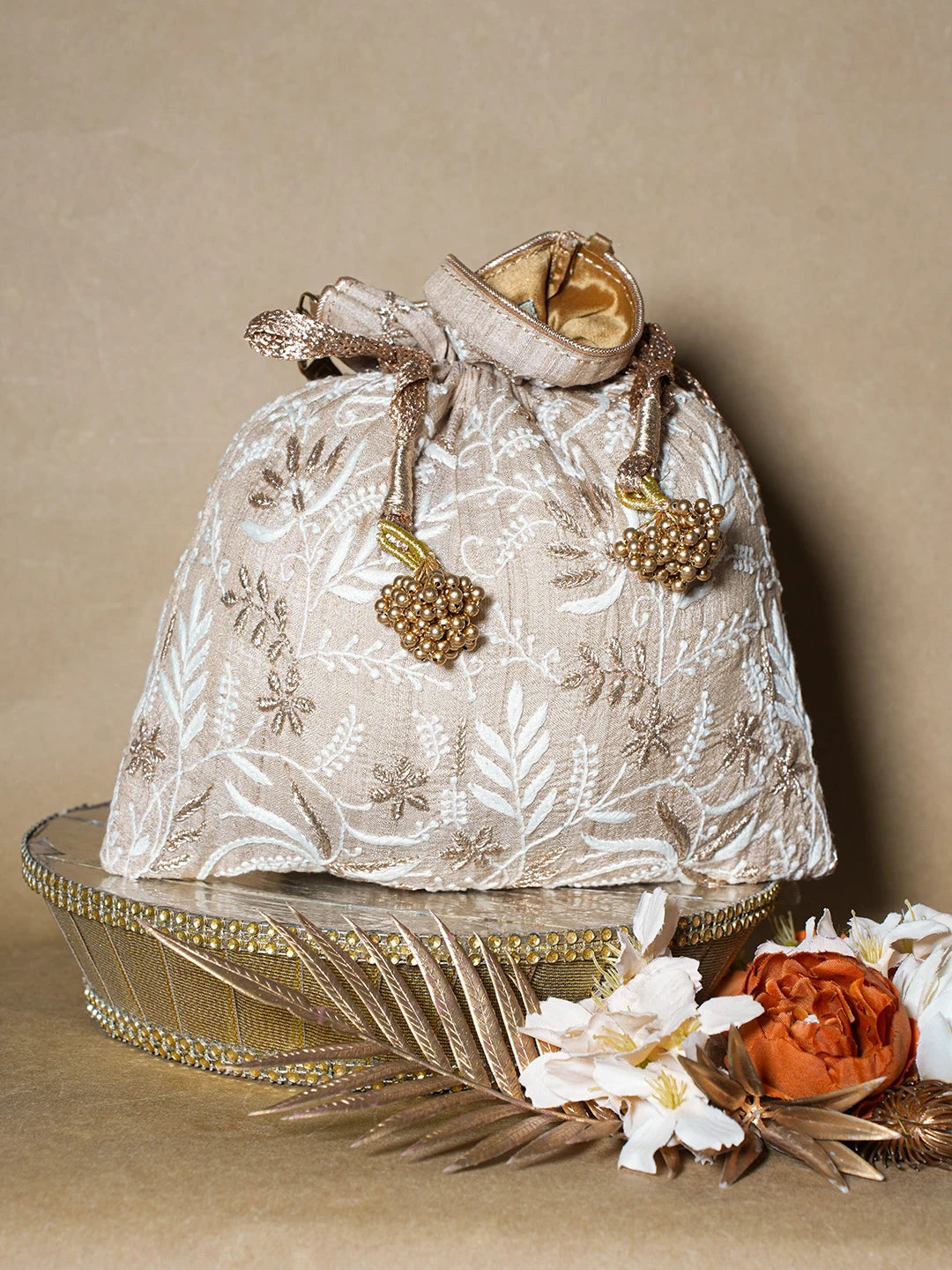 Ada Hand Embroidered Fawn Silk Lucknowi Chikankari Potli Bag With Zari Work 01A696499