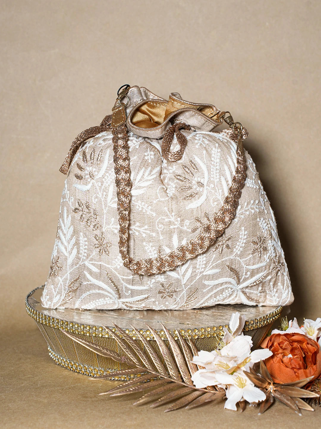 Ada Hand Embroidered Fawn Silk Lucknowi Chikankari Potli Bag With Zari Work 01A696499