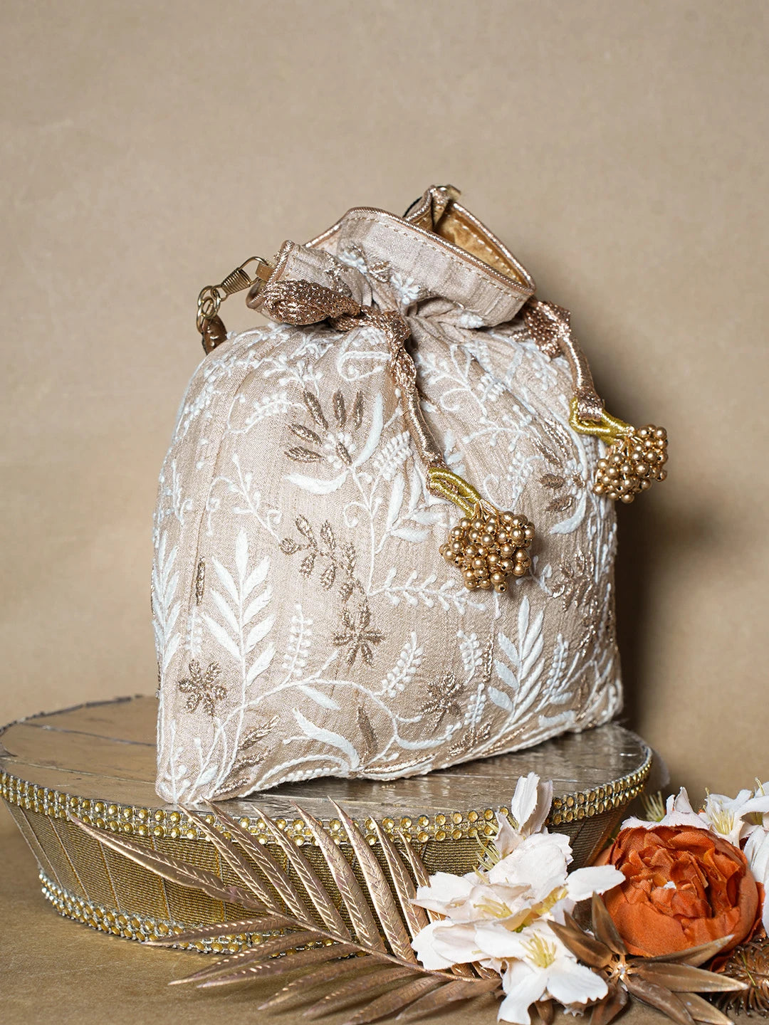Ada Hand Embroidered Fawn Silk Lucknowi Chikankari Potli Bag With Zari Work 01A696499