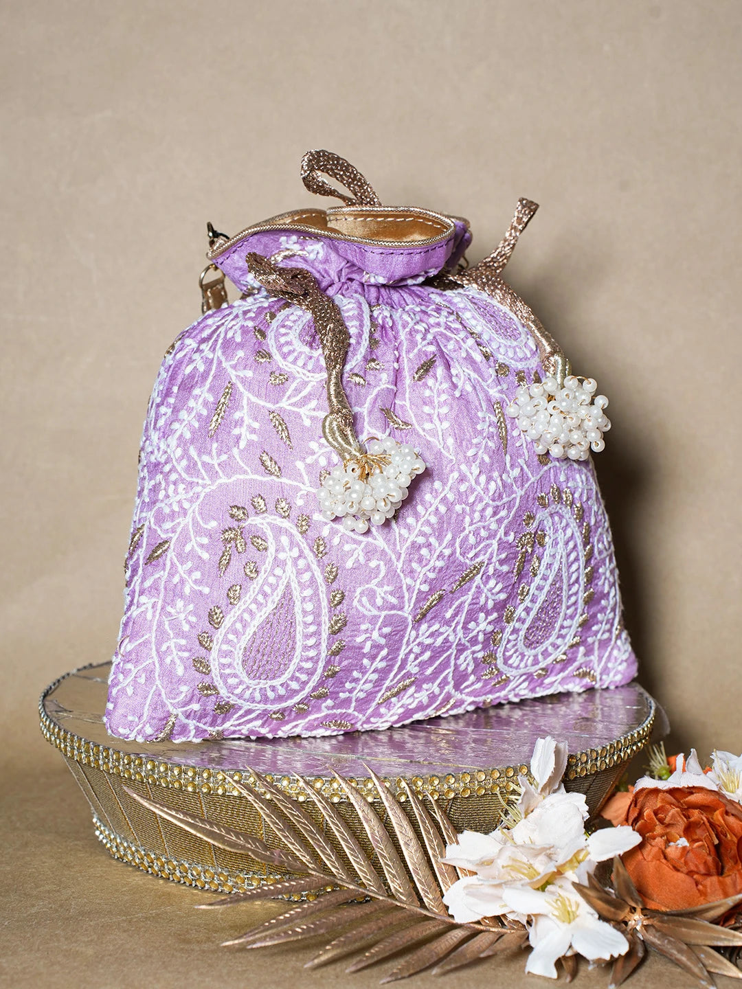 Ada Hand Embroidered Mauve Silk Lucknowi Chikankari Potli Bag With Zari Work 01A696517