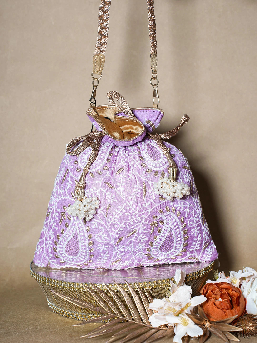 Ada Hand Embroidered Mauve Silk Lucknowi Chikankari Potli Bag With Zari Work 01A696517