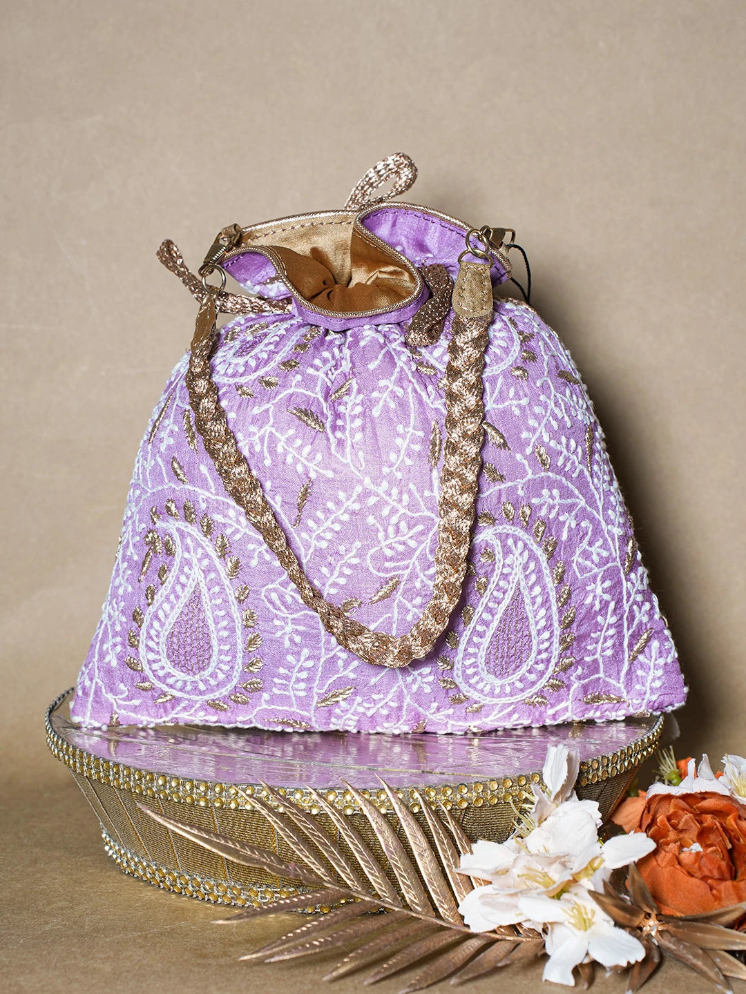 Ada Hand Embroidered Mauve Silk Lucknowi Chikankari Potli Bag With Zari Work 01A696517