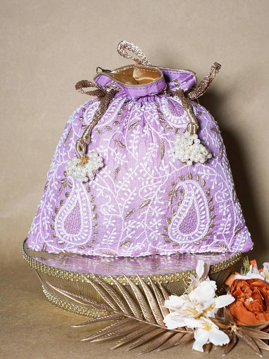 Ada Hand Embroidered Mauve Silk Lucknowi Chikankari Potli Bag With Zari Work 01A696517