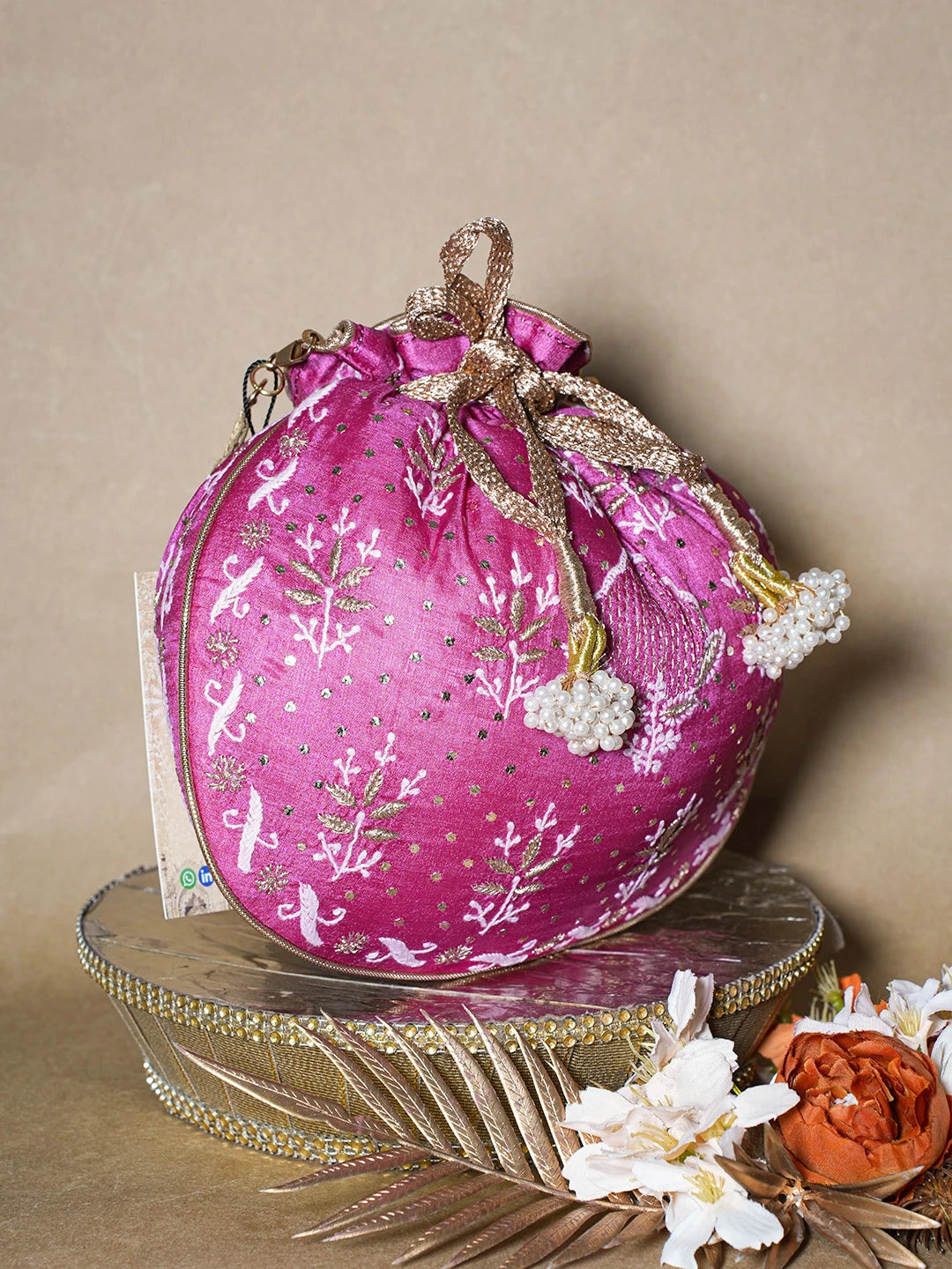 Ada Hand Embroidered Magenta Silk Lucknowi Chikankari Potli Bag With Muqaish Work 01A680732