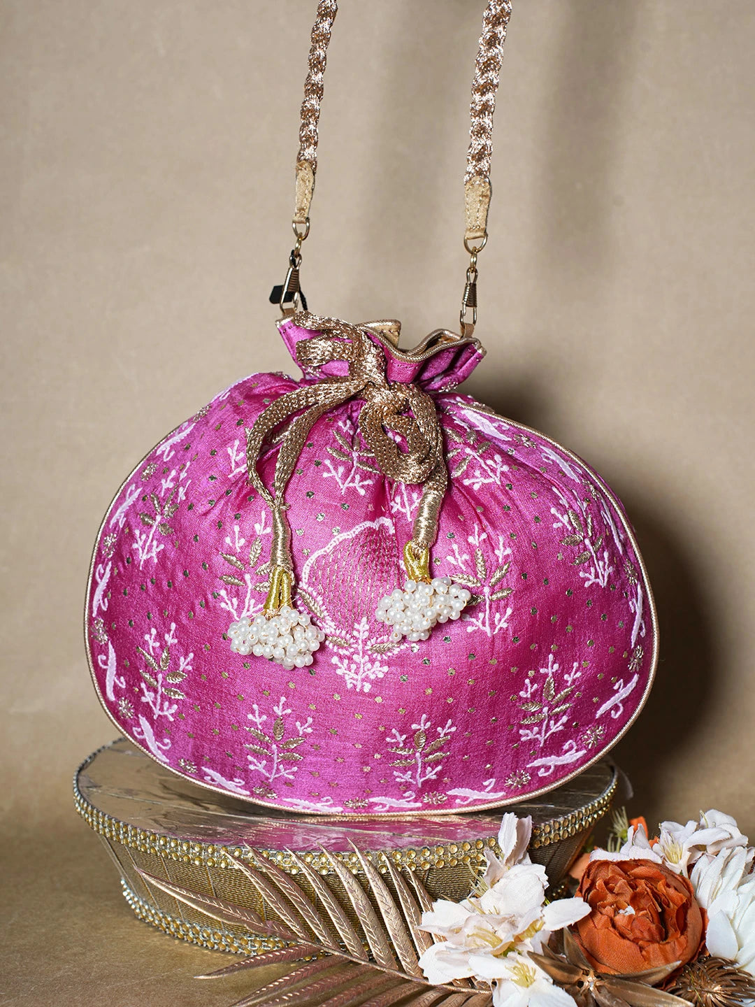 Ada Hand Embroidered Magenta Silk Lucknowi Chikankari Potli Bag With Muqaish Work 01A680732