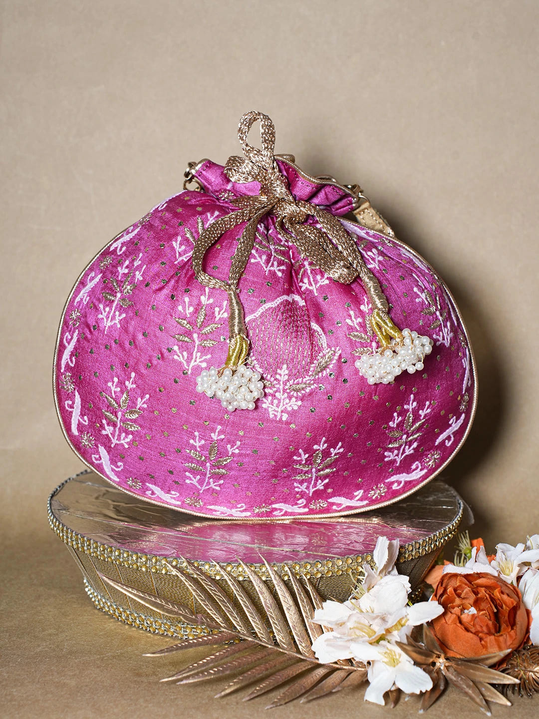 Ada Hand Embroidered Magenta Silk Lucknowi Chikankari Potli Bag With Muqaish Work 01A680732