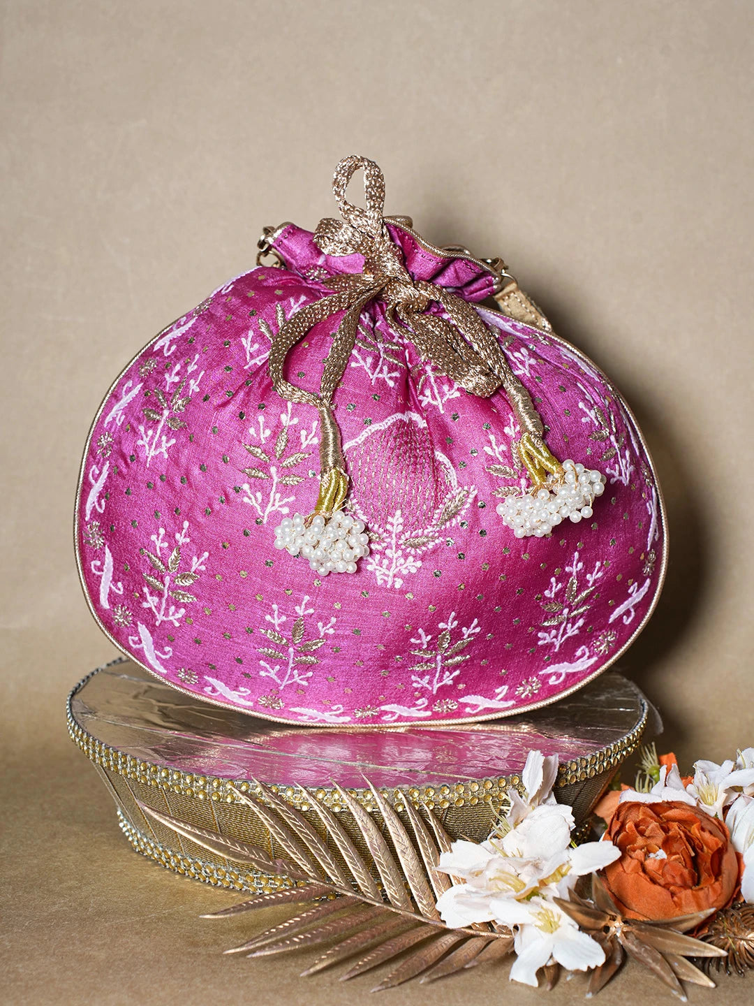 Ada Hand Embroidered Magenta Silk Lucknowi Chikankari Potli Bag With Muqaish Work 01A680732