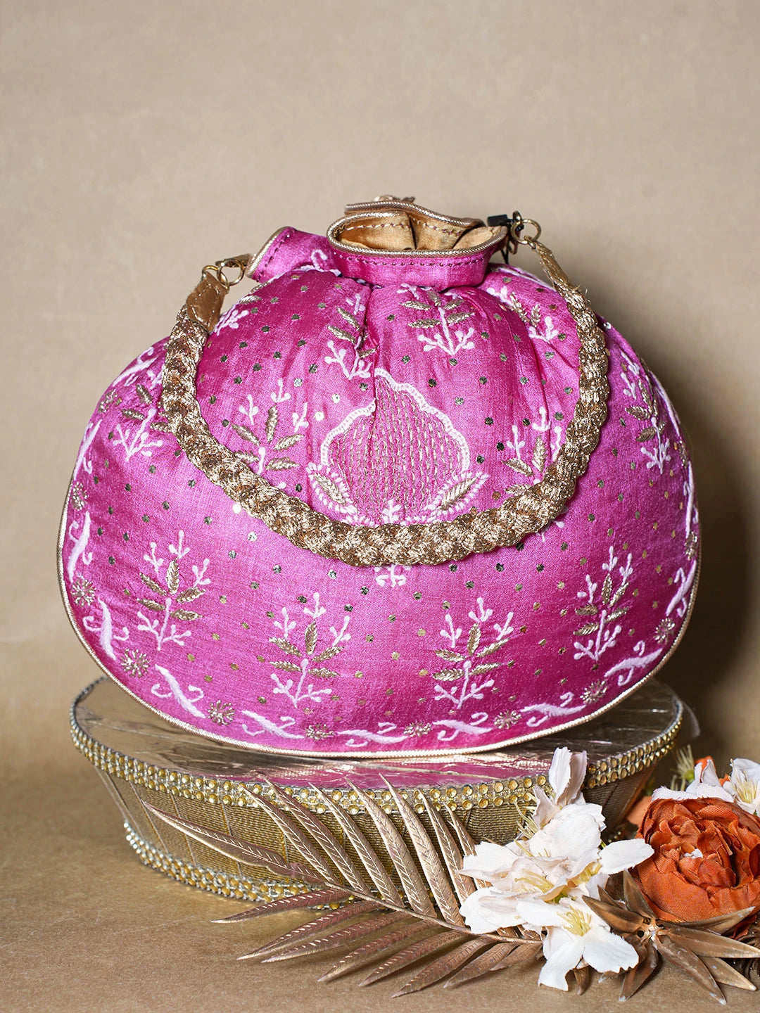 Ada Hand Embroidered Magenta Silk Lucknowi Chikankari Potli Bag With Muqaish Work 01A680732