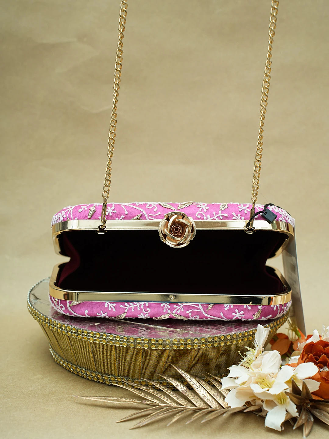 Ada Hand Embroidered Magenta Silk Lucknowi Chikankari Clutch With Zari Work 01A657085
