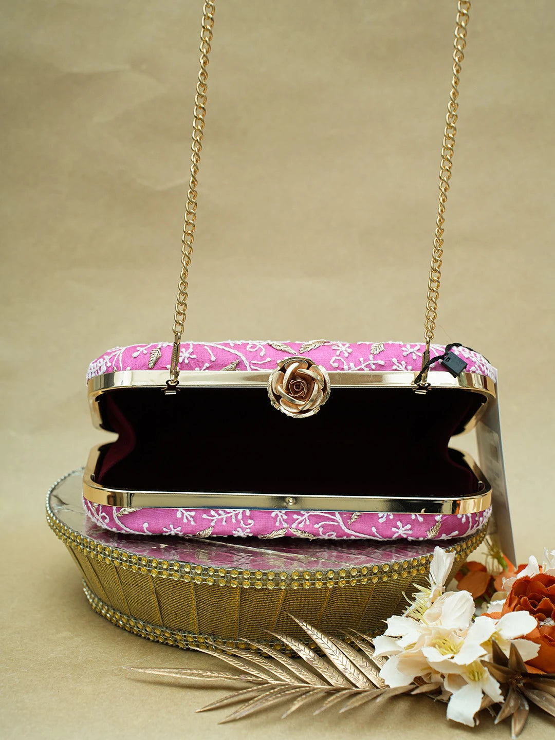 Ada Hand Embroidered Magenta Silk Lucknowi Chikankari Clutch With Zari Work 01A657085