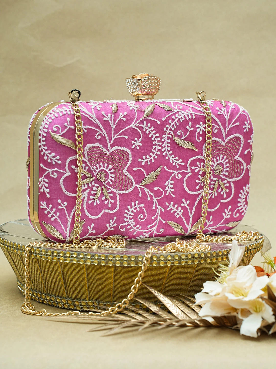Ada Hand Embroidered Magenta Silk Lucknowi Chikankari Clutch With Zari Work 01A657085
