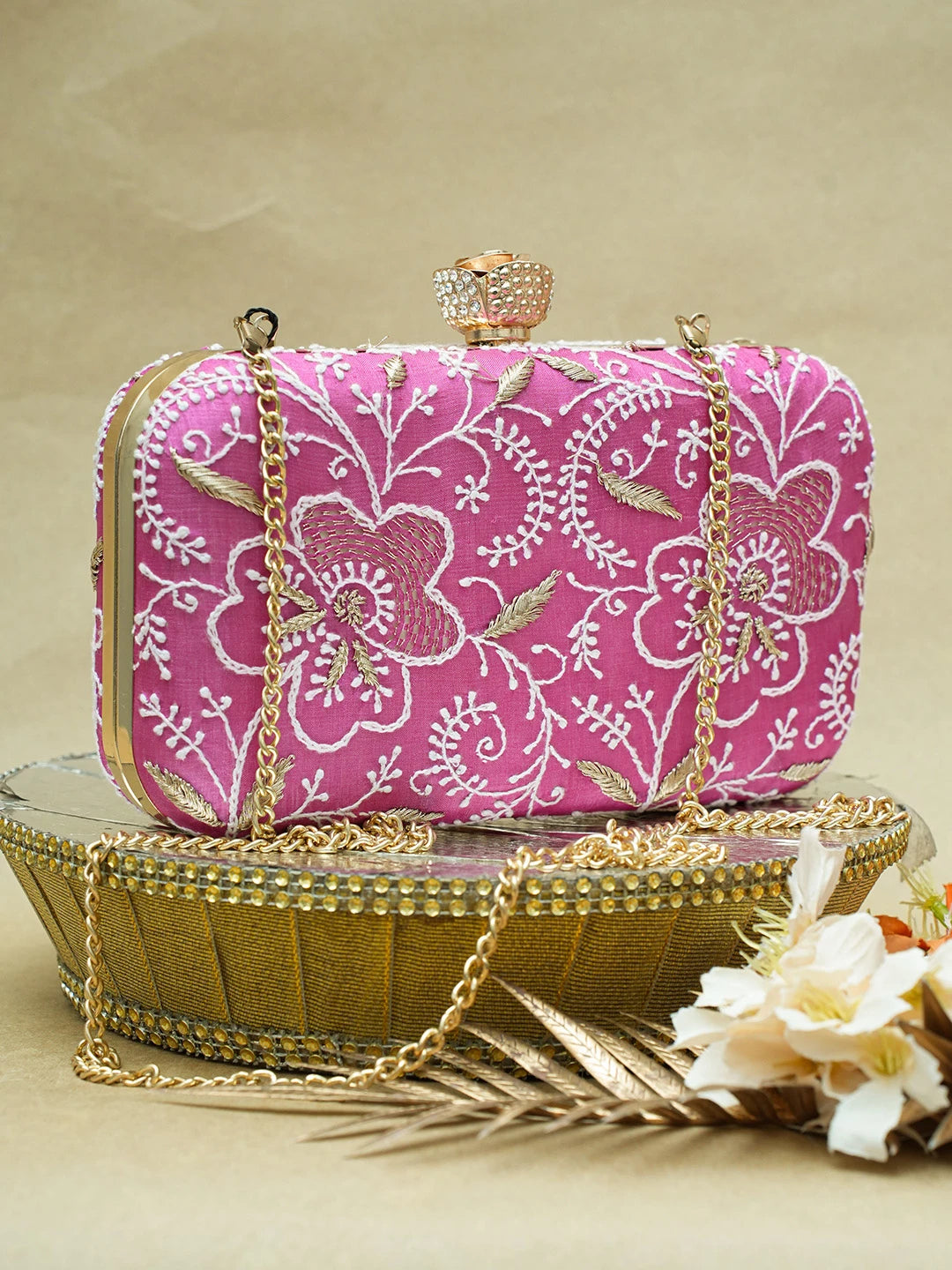 Ada Hand Embroidered Magenta Silk Lucknowi Chikankari Clutch With Zari Work 01A657085