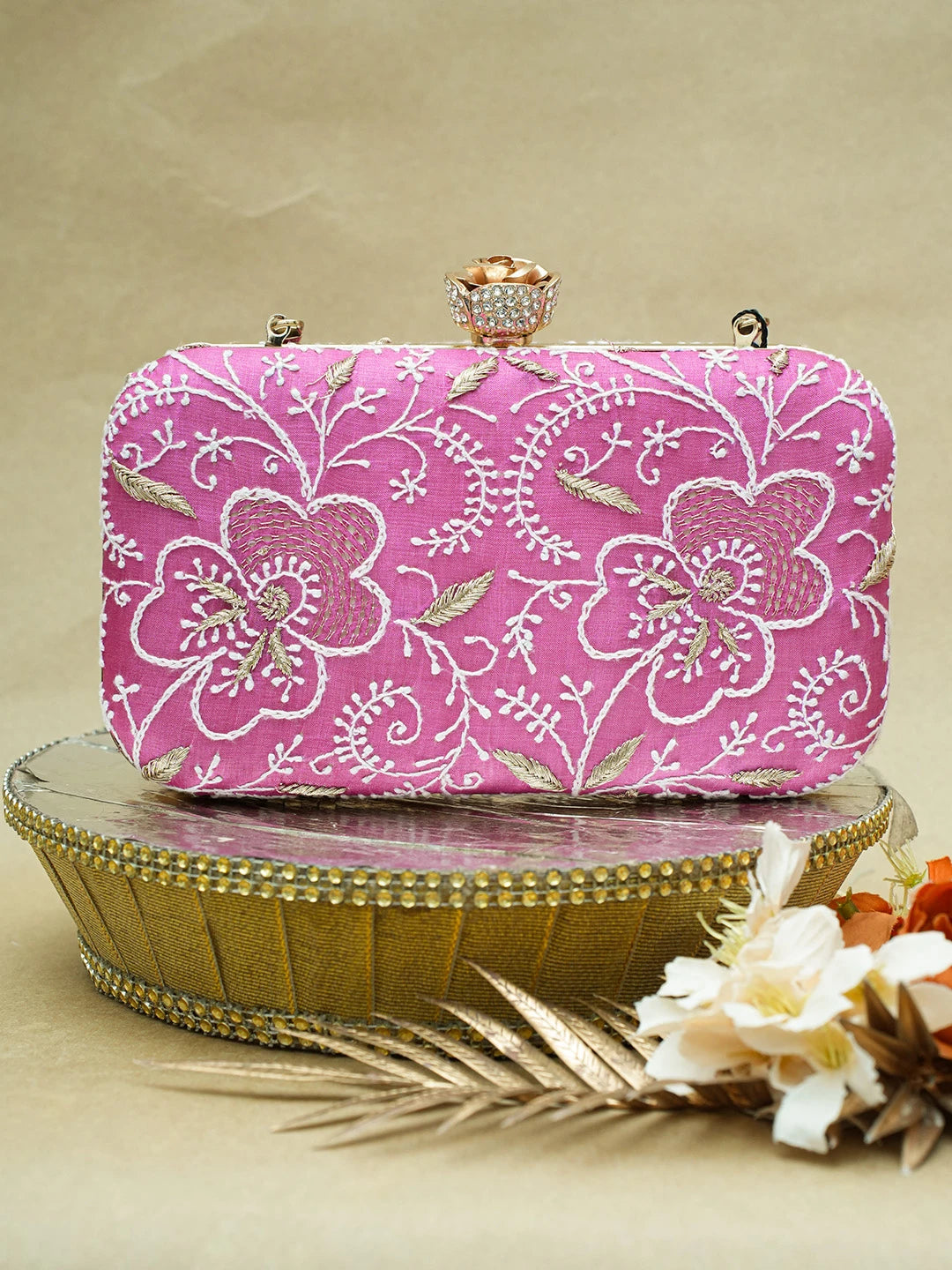 Ada Hand Embroidered Magenta Silk Lucknowi Chikankari Clutch With Zari Work 01A657085