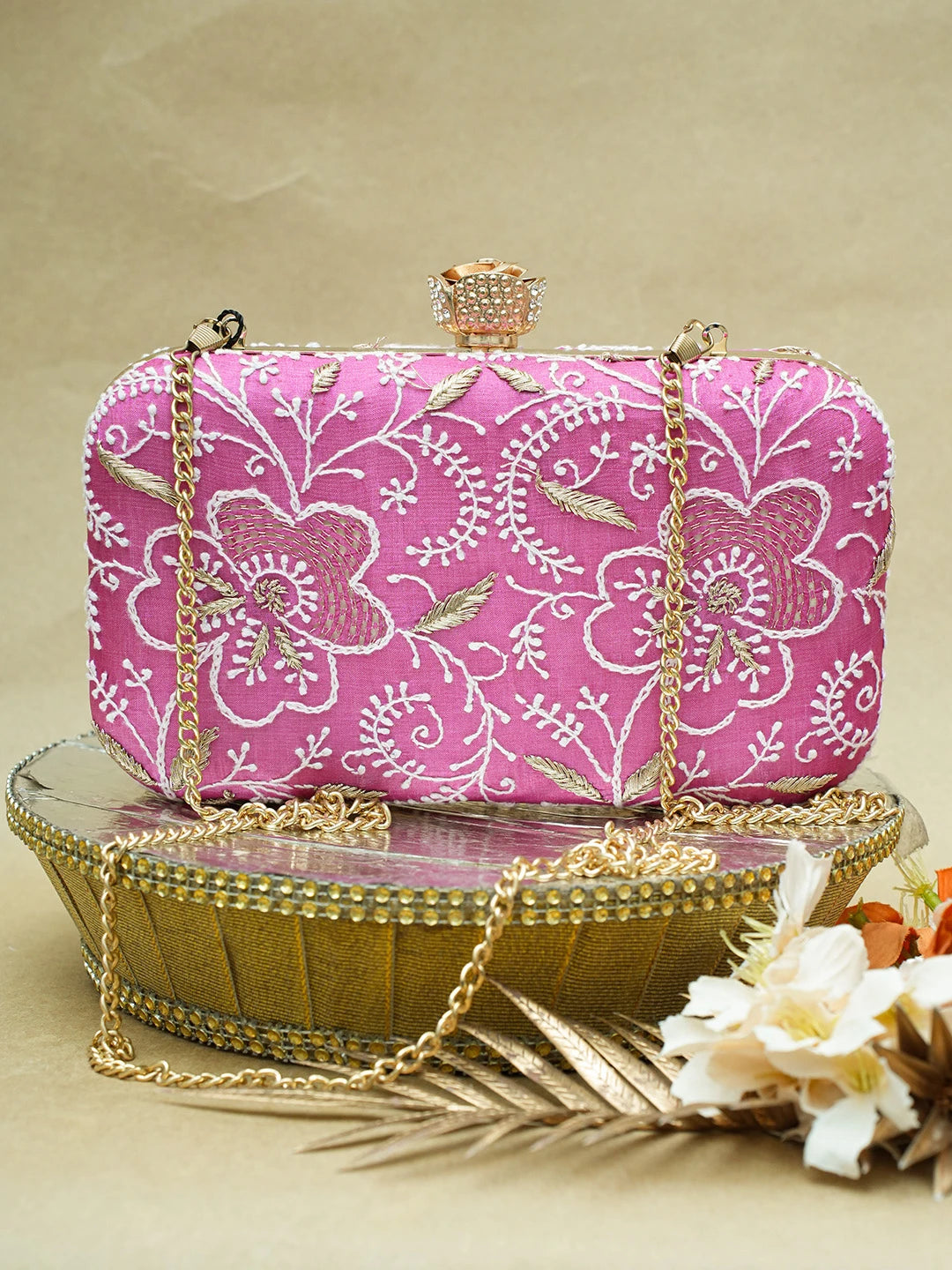 Ada Hand Embroidered Magenta Silk Lucknowi Chikankari Clutch With Zari Work 01A657085