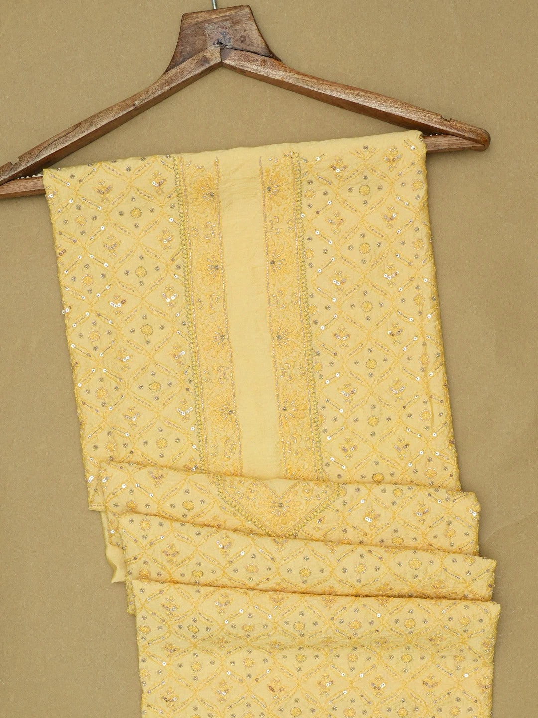 Ada Hand Embroidered Yellow Chanderi Lucknowi Chikankari Unstitched Men's Kurta Piece With Cutdana Work 01A516828